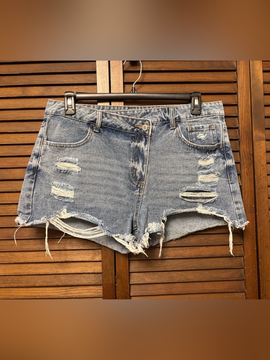 unbranded Pants - Sexy Distressed Blue Jean - Denim Short Shorts with Crossover Waist